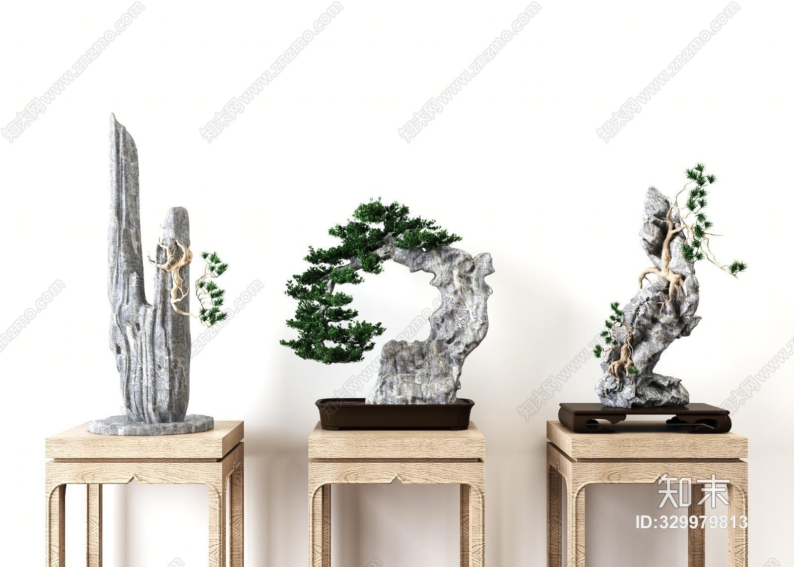 新中式玄关石头盆景装饰摆件3D模型下载【ID:329979813】