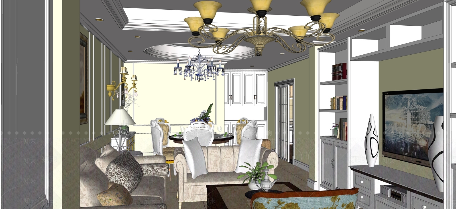 欧式别墅室内模型SU模型下载【ID:932646953】