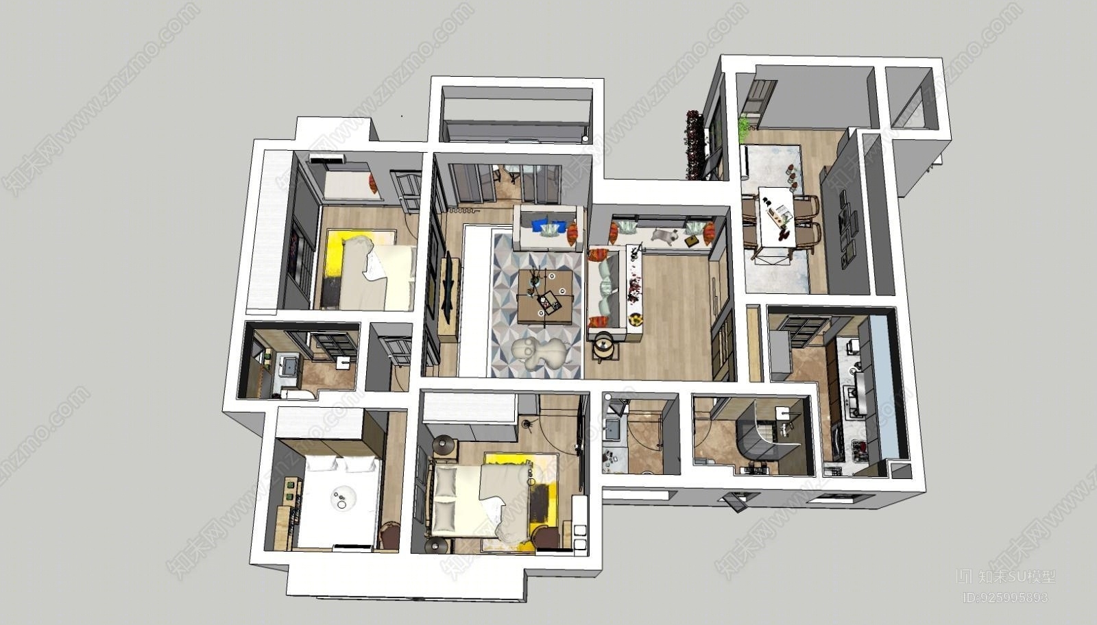 简约小户型室内装潢设计SU模型下载【ID:925995893】