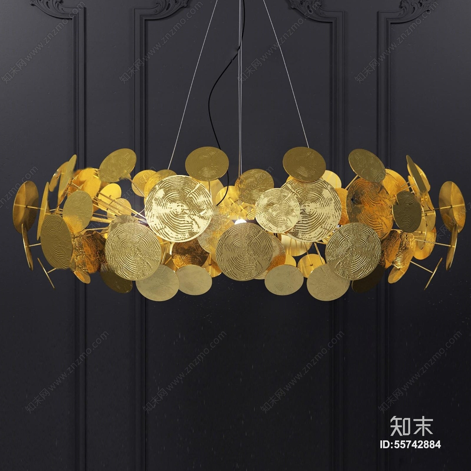 现代金色年轮造型吊灯3D模型下载【ID:55742884】
