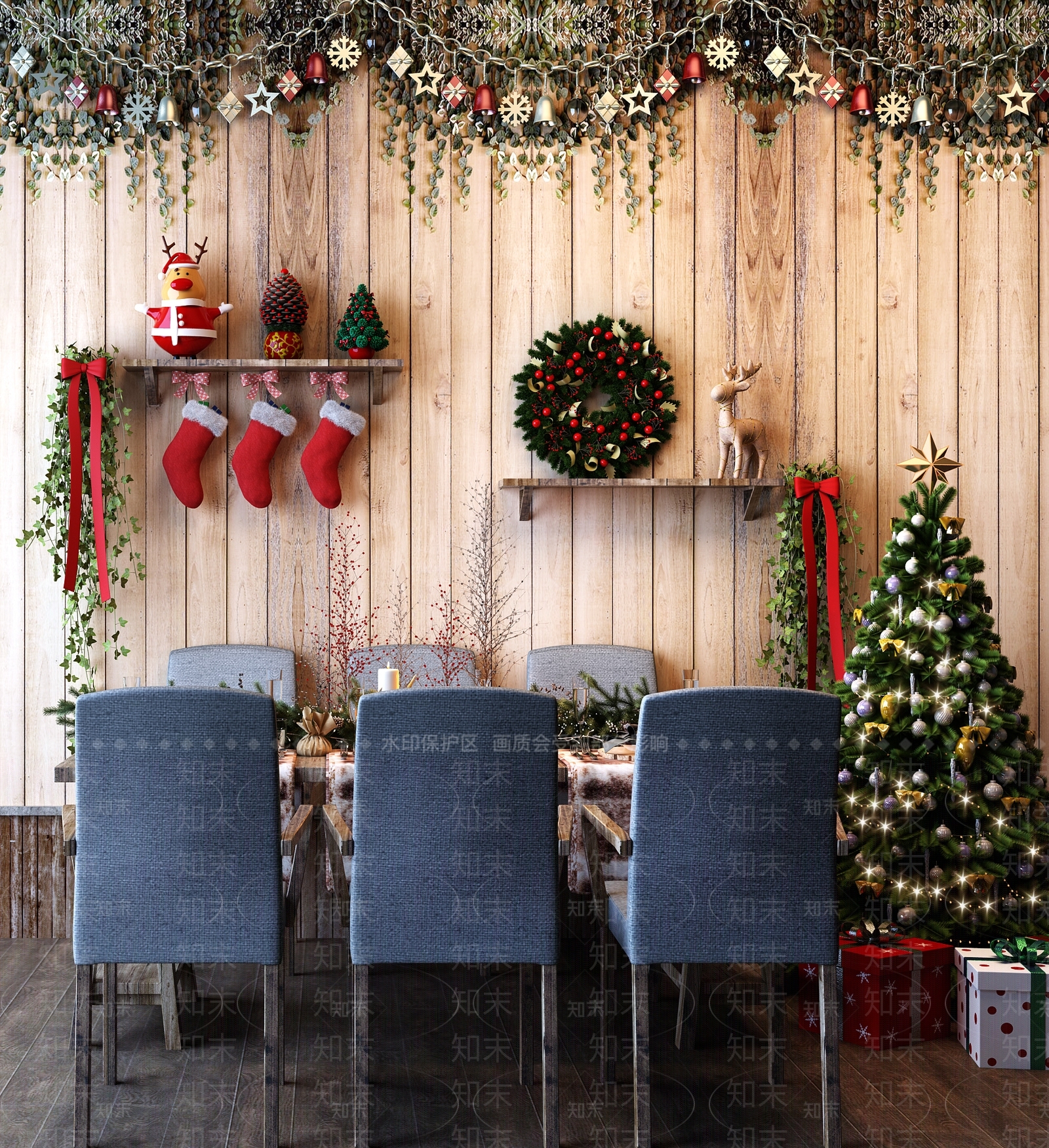 现代圣诞主题餐厅餐桌椅圣诞树袜子礼物装饰摆设组合3D模型下载【ID:332514456】