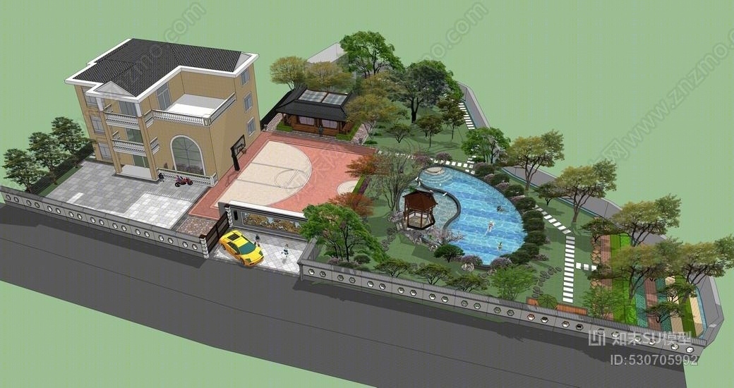 中式别墅庭院景观SU模型下载【ID:530705992】
