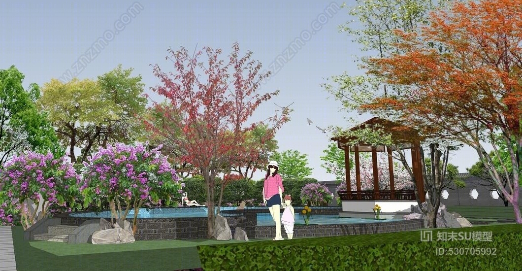 中式别墅庭院景观SU模型下载【ID:530705992】