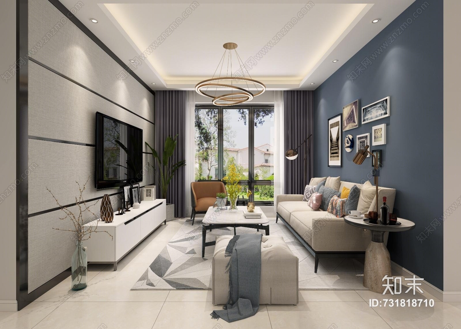 现代客厅餐厅吊灯餐桌椅沙发椅推拉门开放式厨房挂画照片墙落地灯台灯3D模型下载【ID:731818710】