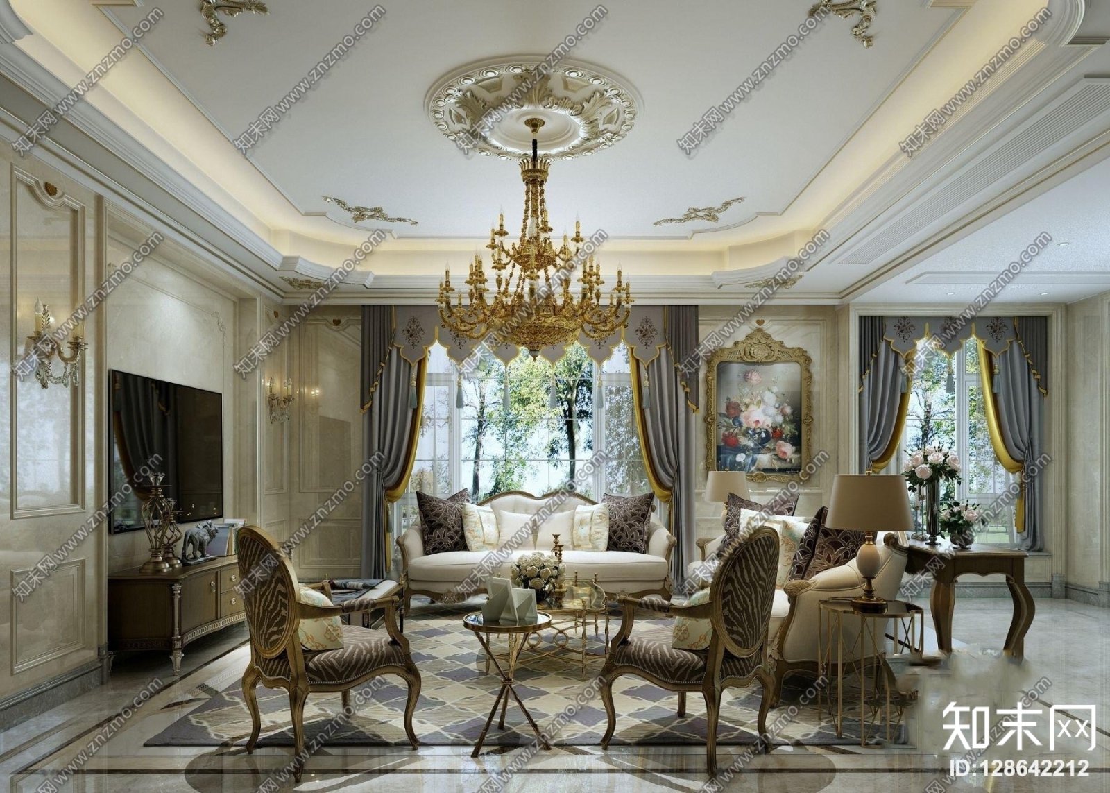 法式奢华客厅3D模型下载【ID:128642212】