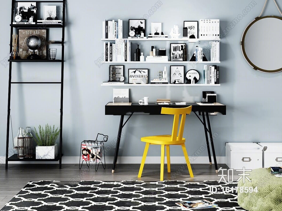 北欧书桌椅书架书籍摆件组合3D模型下载【ID:16178594】