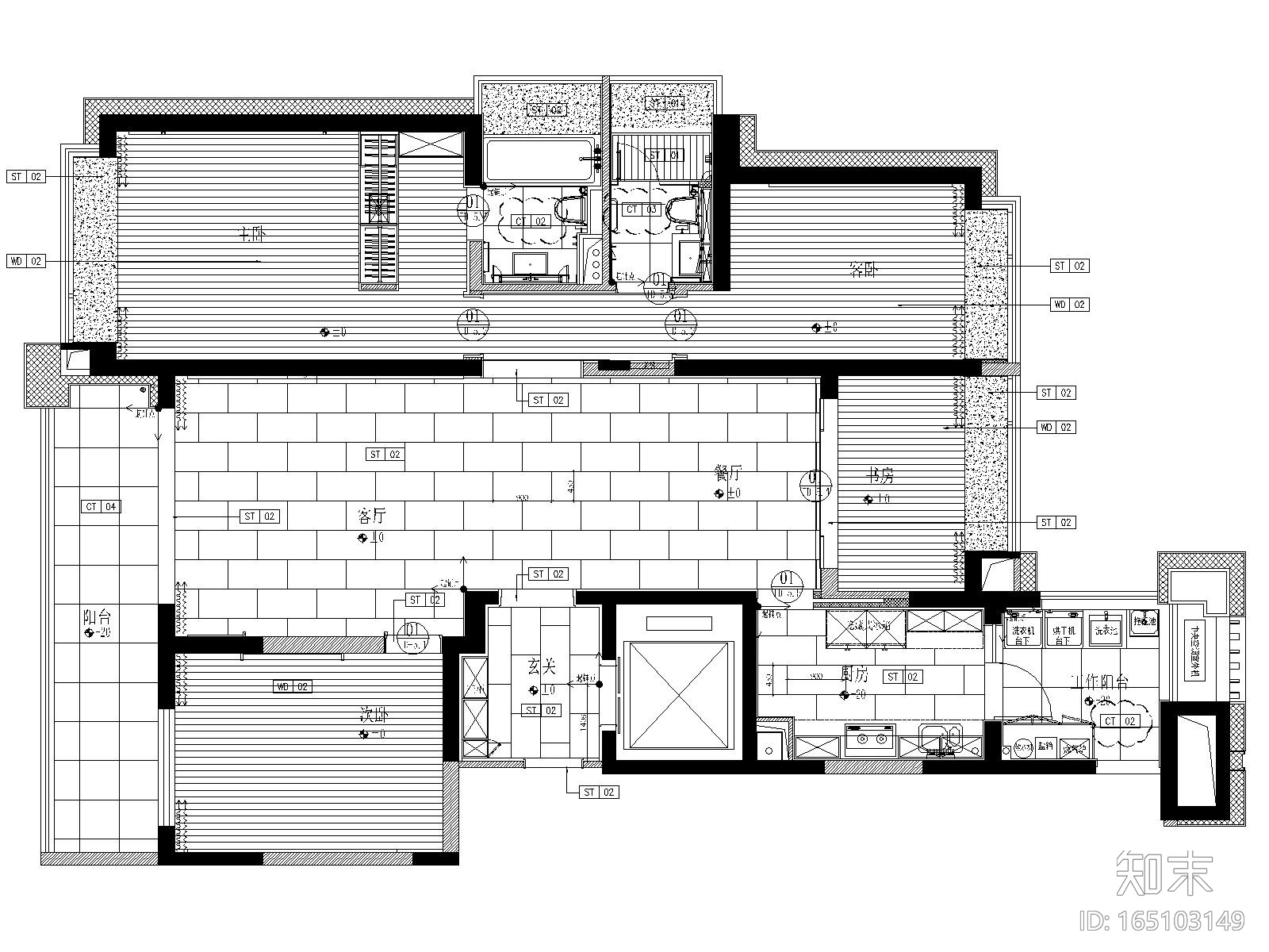 上海珠江铂世·外滩界三居室样板间施工图纸cad施工图下载【ID:165103149】