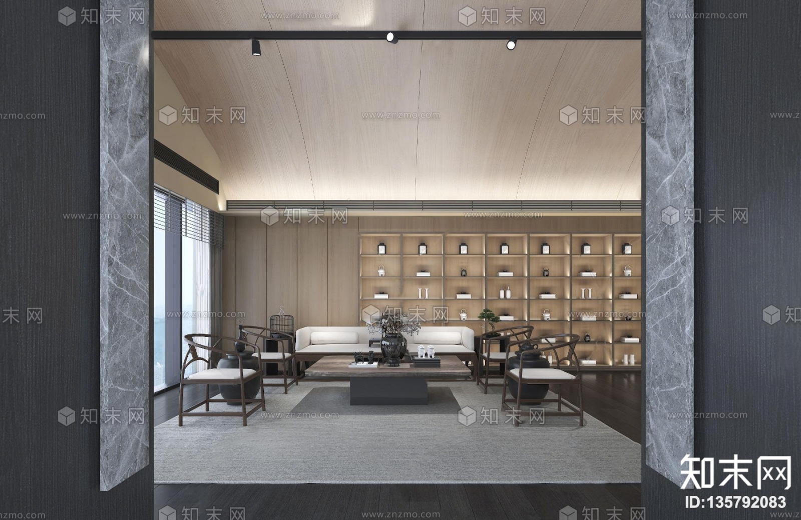 HBA设计新中式实木沙发组合3D模型下载【ID:135792083】