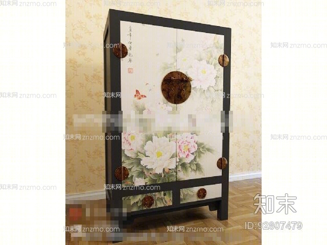 新中式黑色长方形木艺收纳柜3D模型下载【ID:92807479】