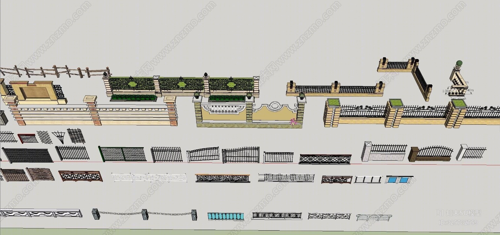 各式栏杆围墙组合SU模型下载【ID:325782759】