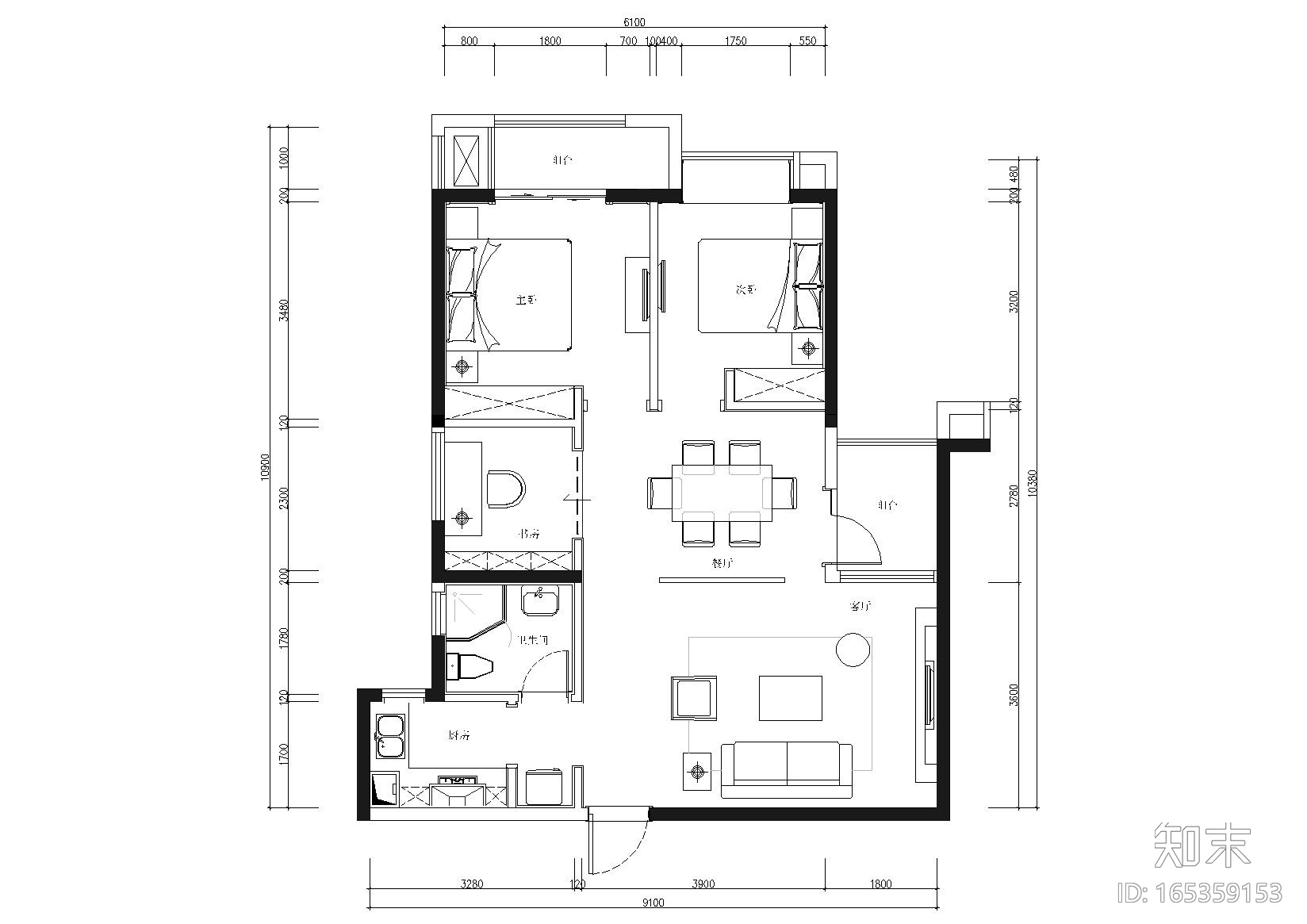 [福州]90㎡二居室现代样板房施工图+实景图施工图下载【ID:165359153】