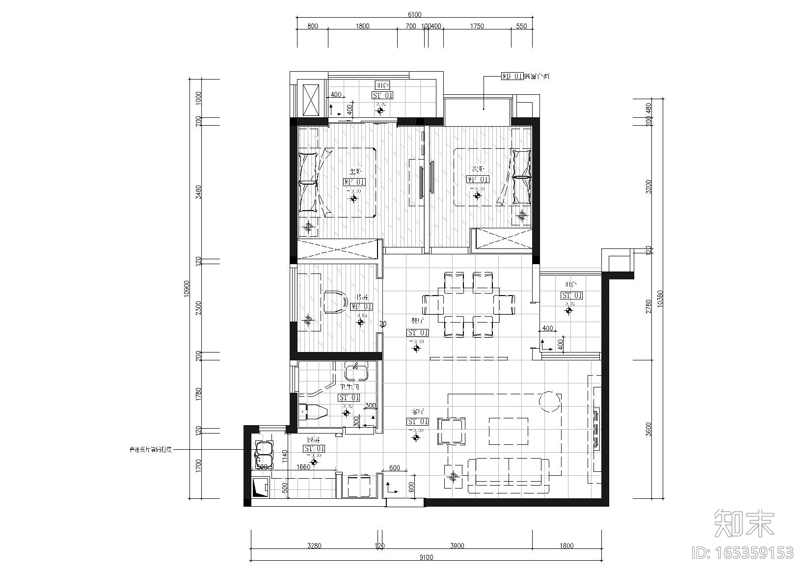 [福州]90㎡二居室现代样板房施工图+实景图施工图下载【ID:165359153】