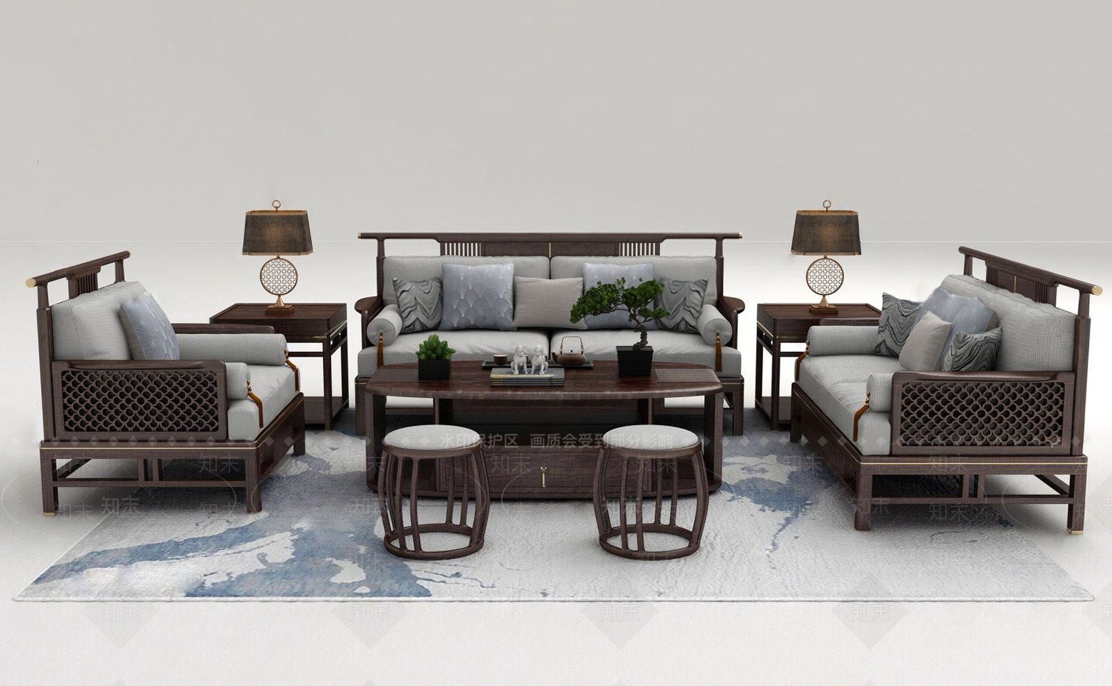 新中式实木沙发茶几组合3D模型下载【ID:169574328】