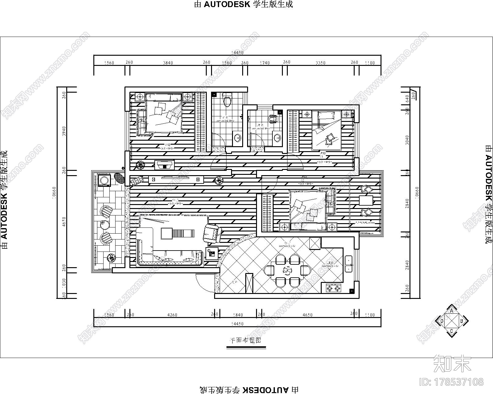 [衡阳]三室两厅设计图cad施工图下载【ID:178537108】