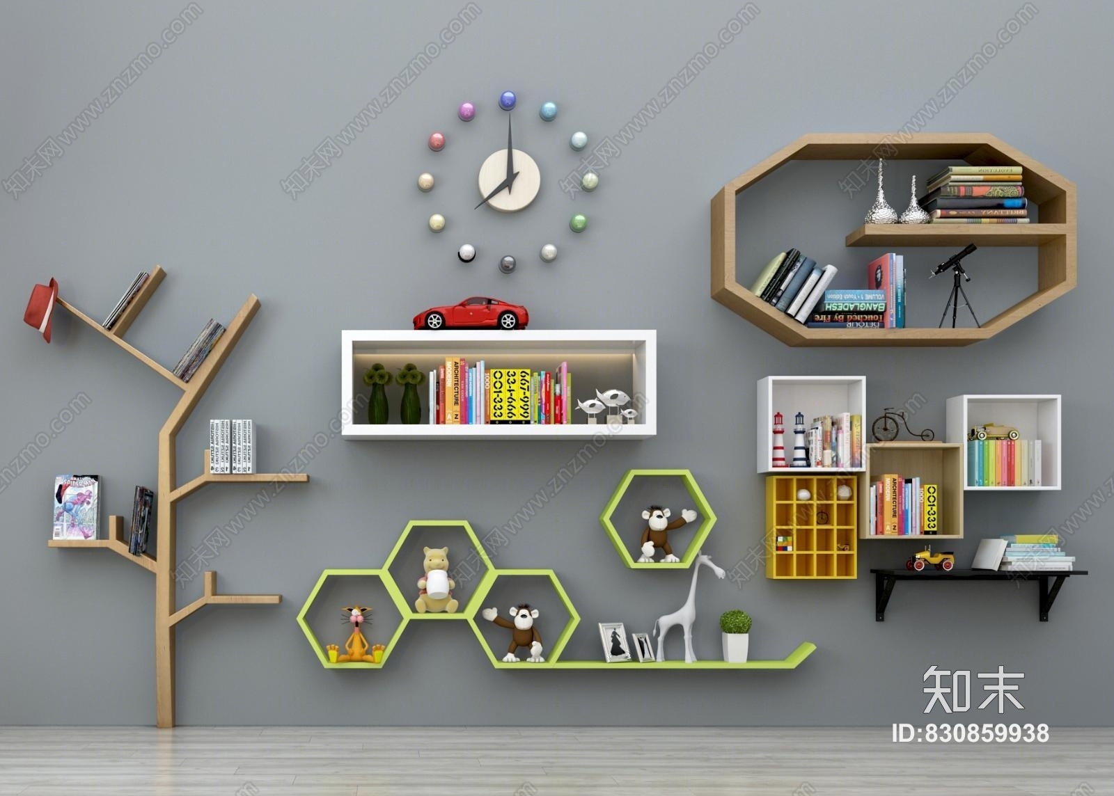 现代墙上置物架装饰架组合3D模型下载【ID:830859938】