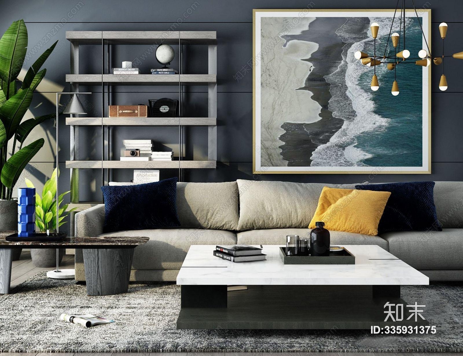 现代沙发茶几组现代沙发茶几组合多人沙发茶几边几书柜绿植摆件3d模型 Id 知末3d模型网