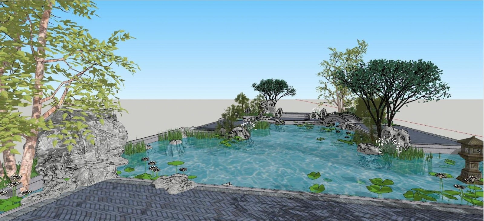 现代庭院景观绿植水池假山SU模型下载【ID:1110524277】