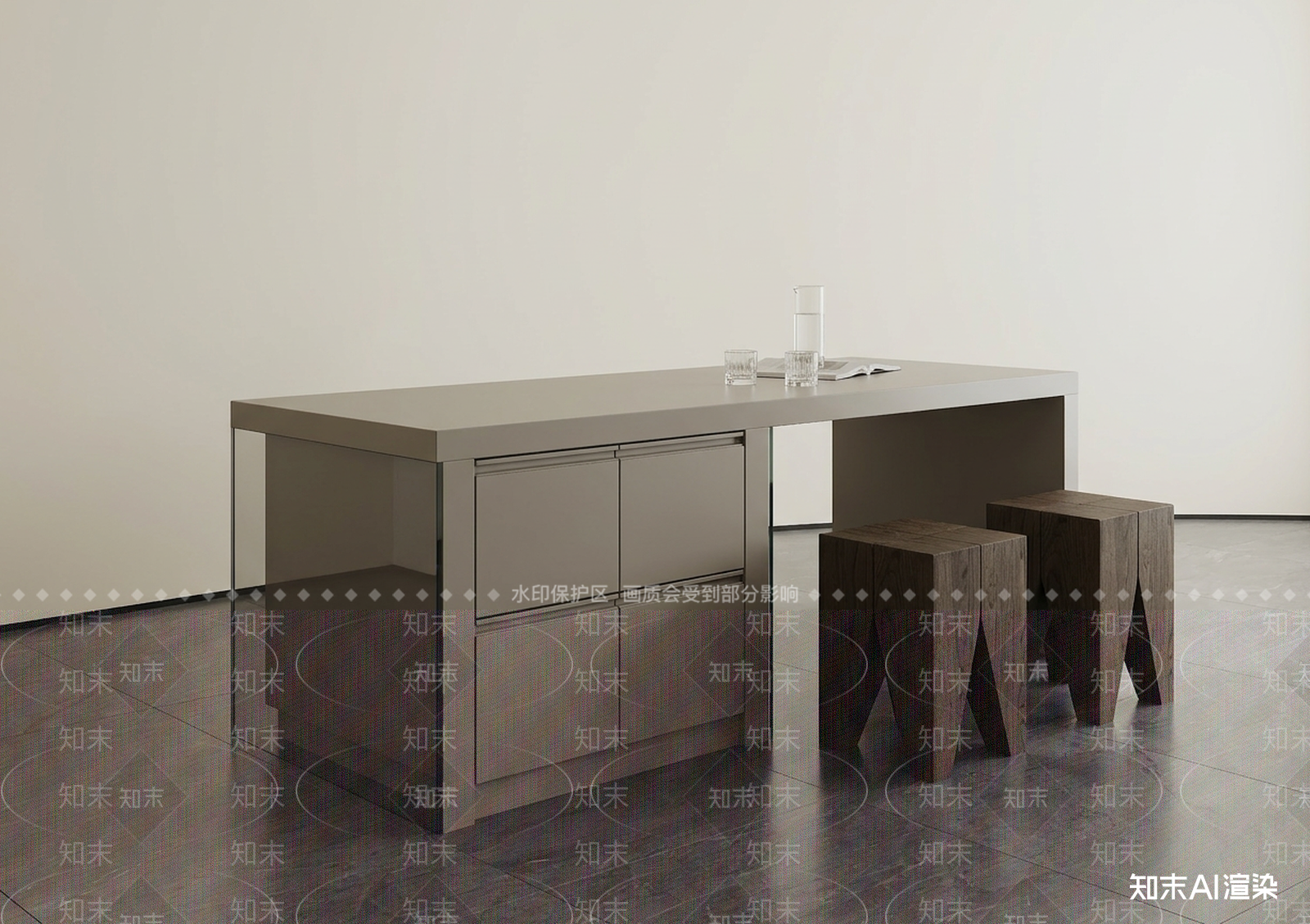 现代岛台3D模型渲染效果图