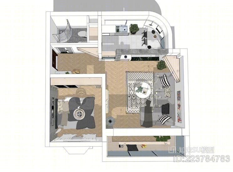 简欧风格单身公寓室内设计SU模型下载【ID:223784783】
