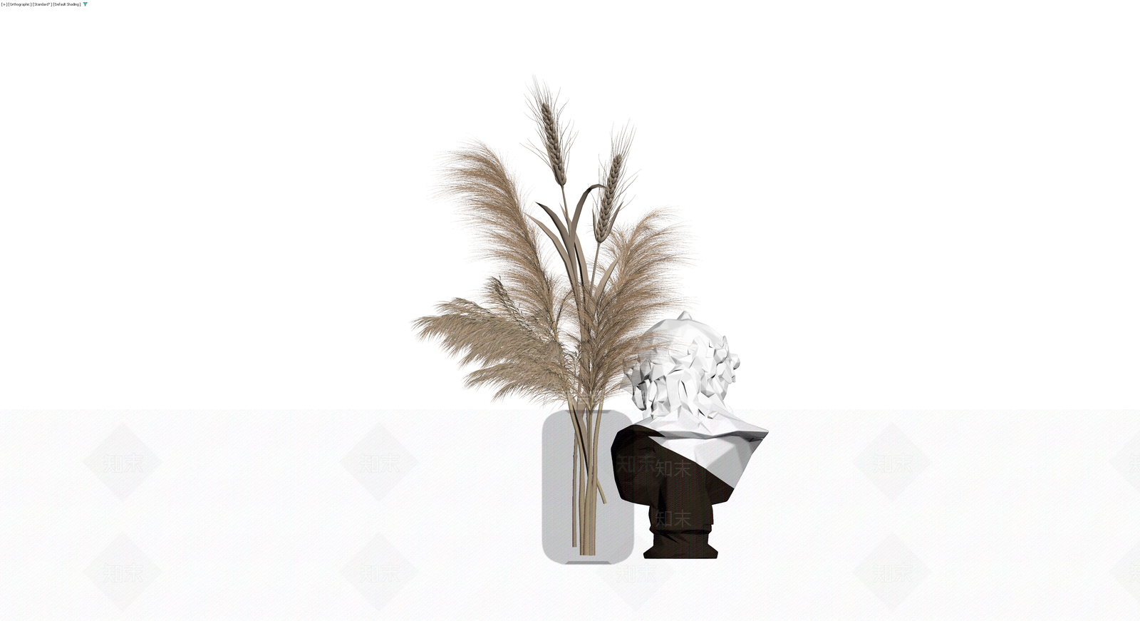 低多面体雕塑与干花组合3D模型下载【ID:1229885052】