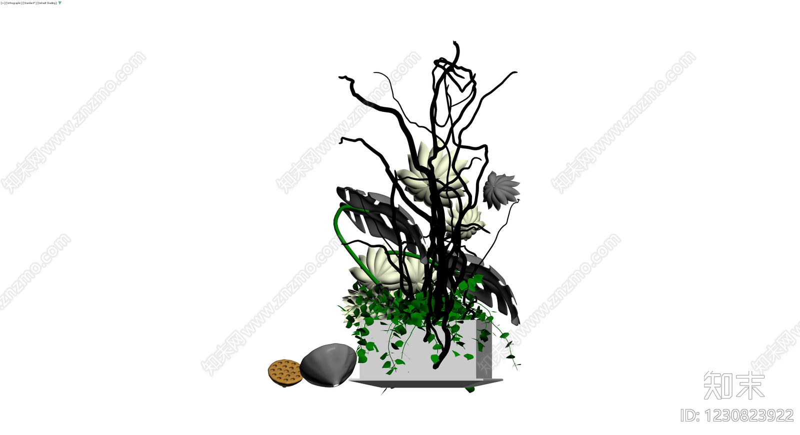 白莲枯枝盆栽组合3D模型下载【ID:1230823922】
