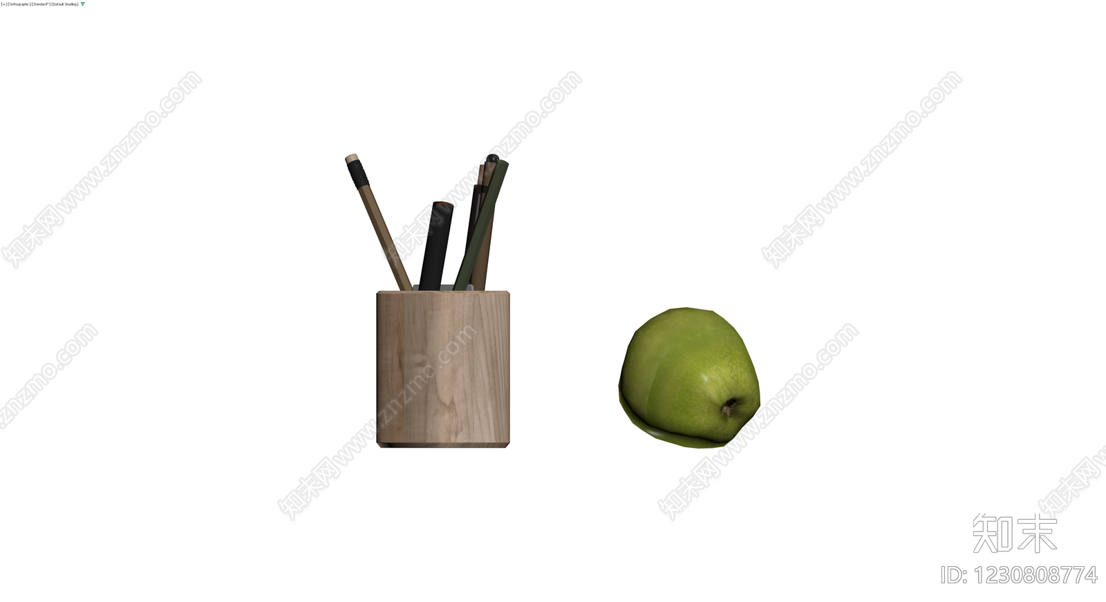 木质笔筒与文具组合3D模型下载【ID:1230808774】