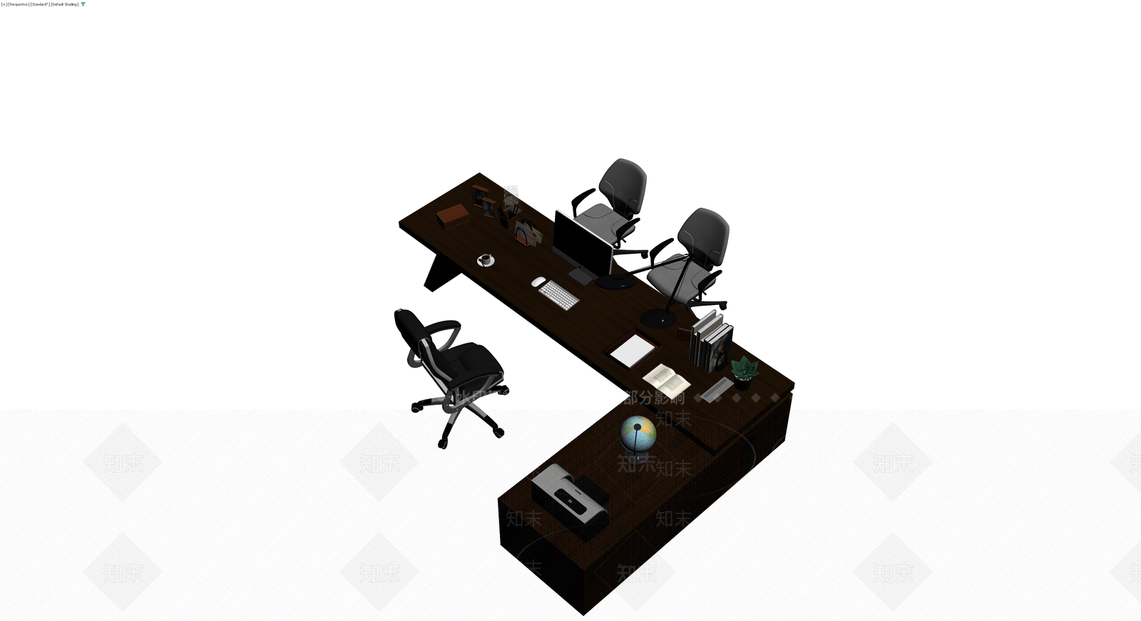 深色L型办公桌椅组合3D模型下载【ID:1229907151】