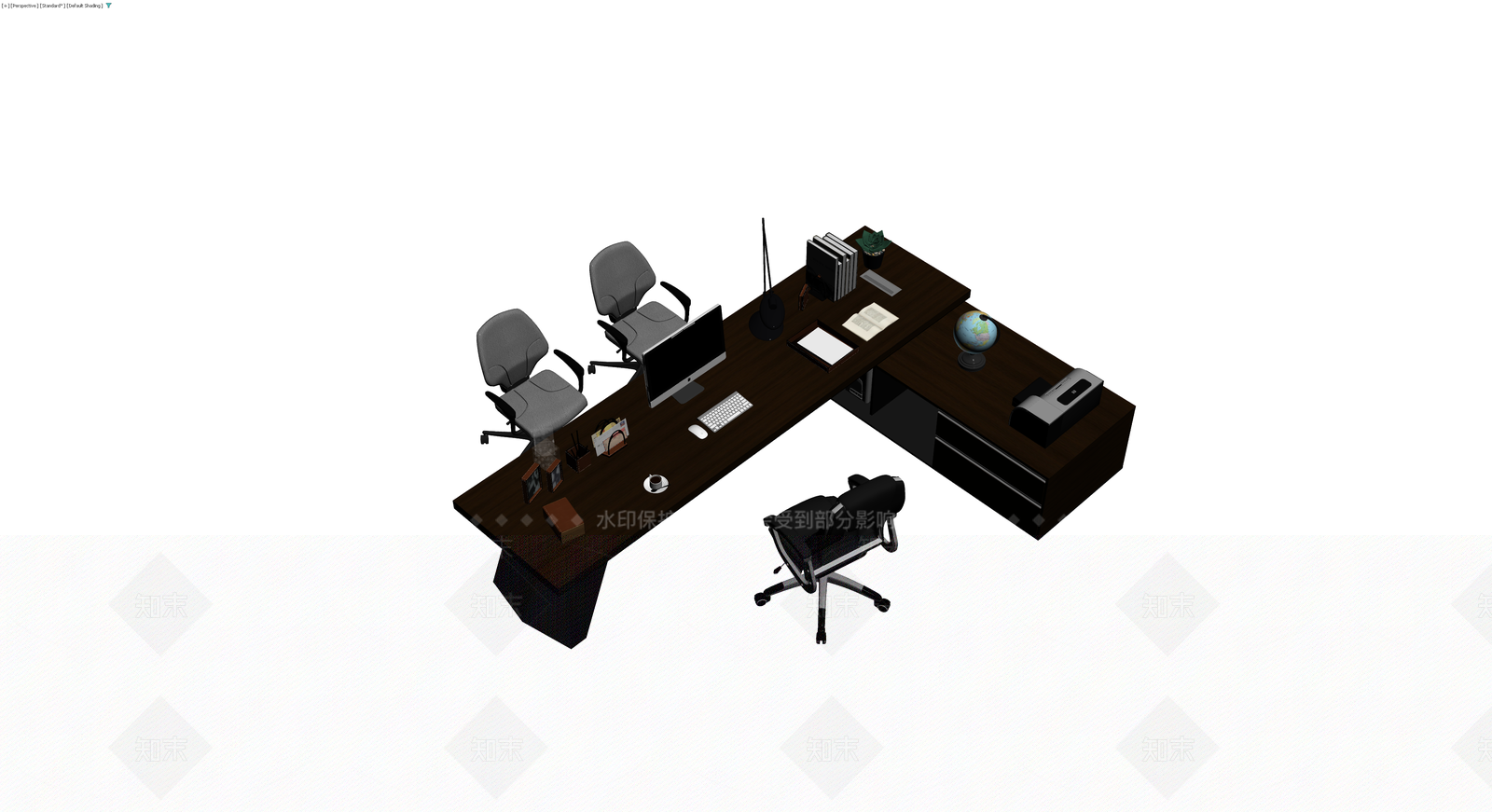 深色L型办公桌椅组合3D模型下载【ID:1229907151】