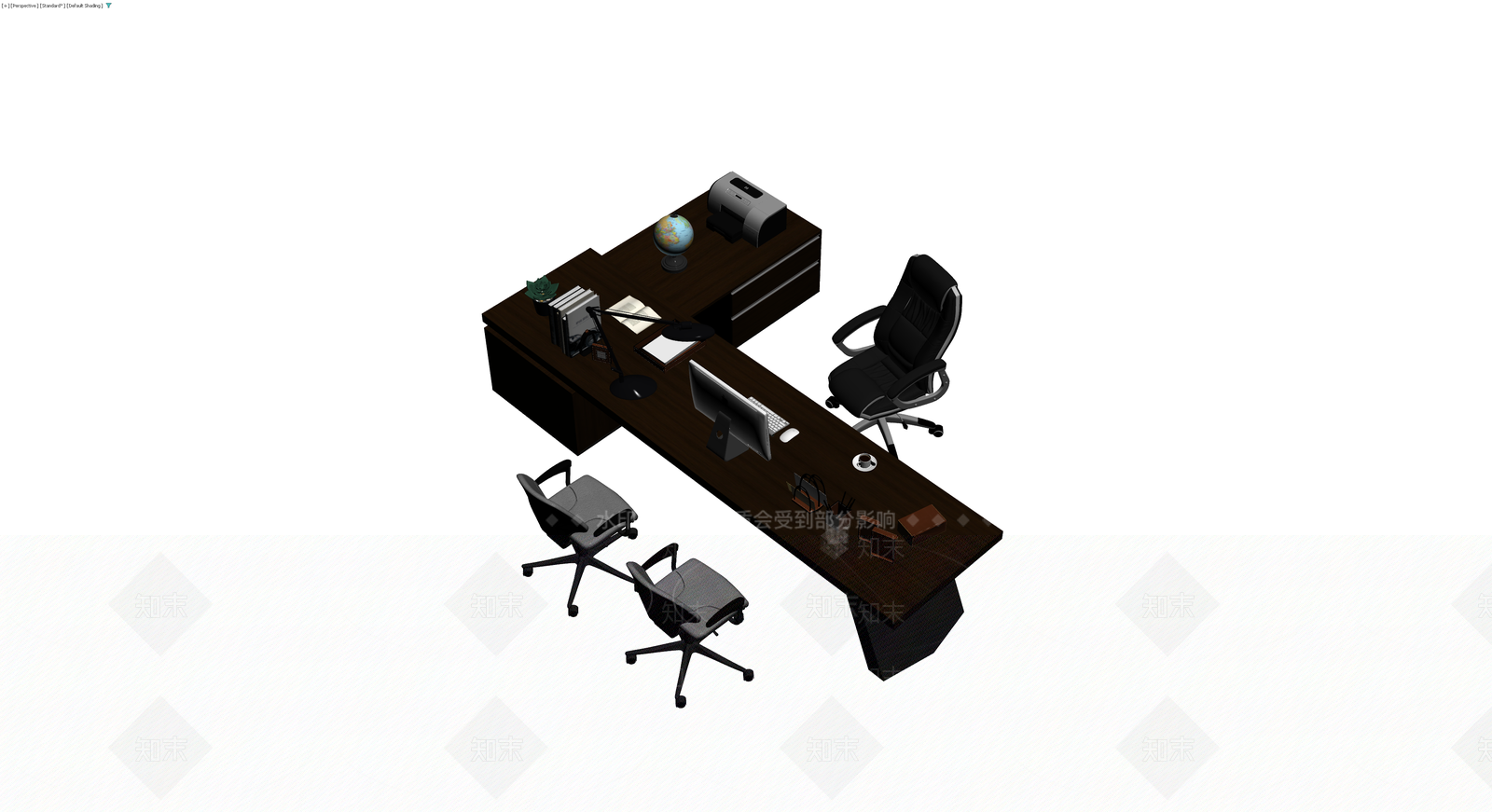 深色L型办公桌椅组合3D模型下载【ID:1229907151】