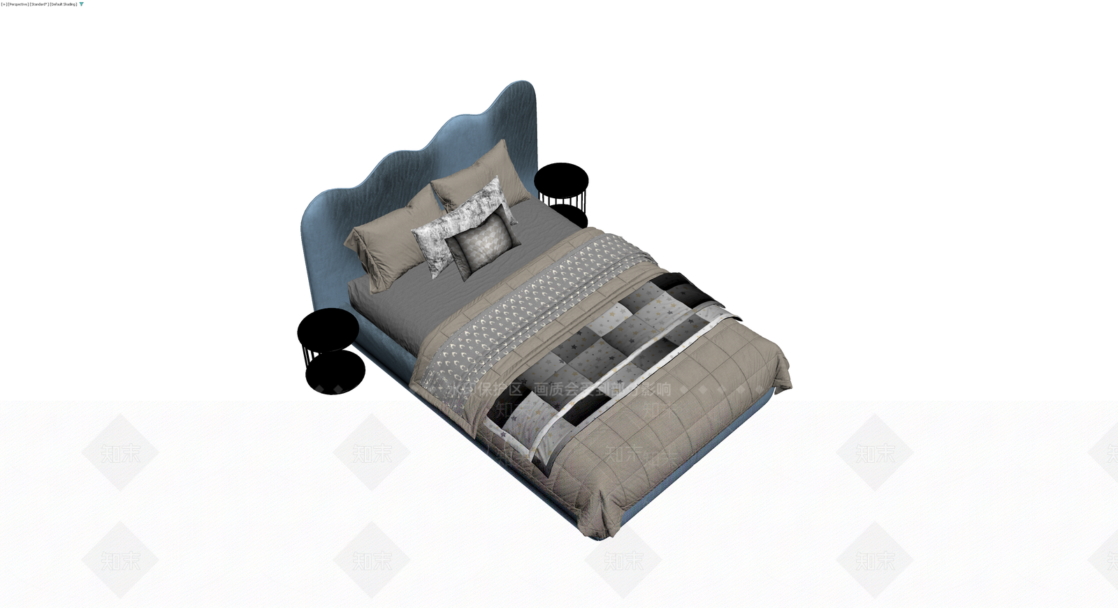 蓝色软包床及床品组合3D模型下载【ID:1230541708】