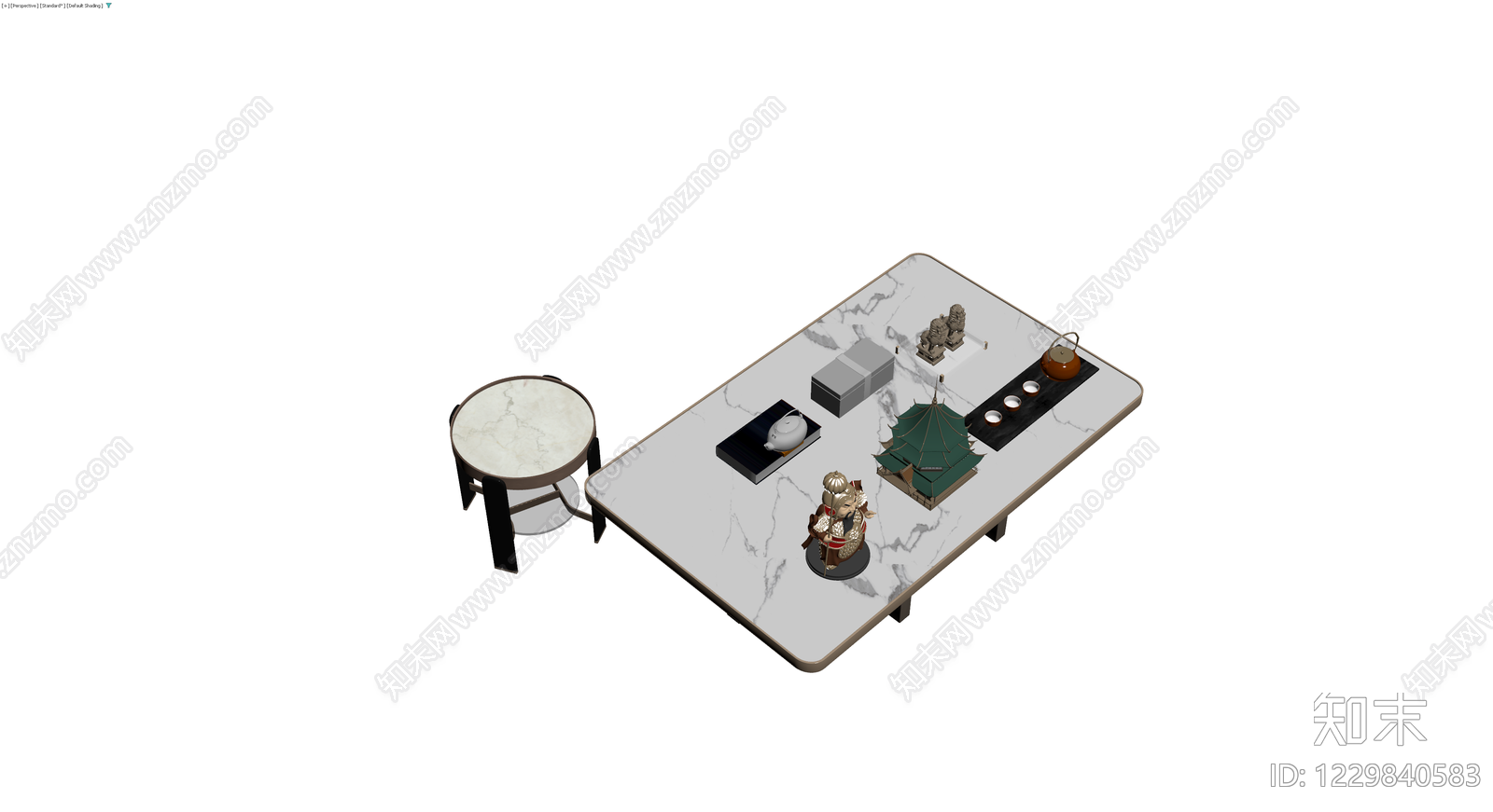 大理石茶桌与摆件组合3D模型下载【ID:1229840583】