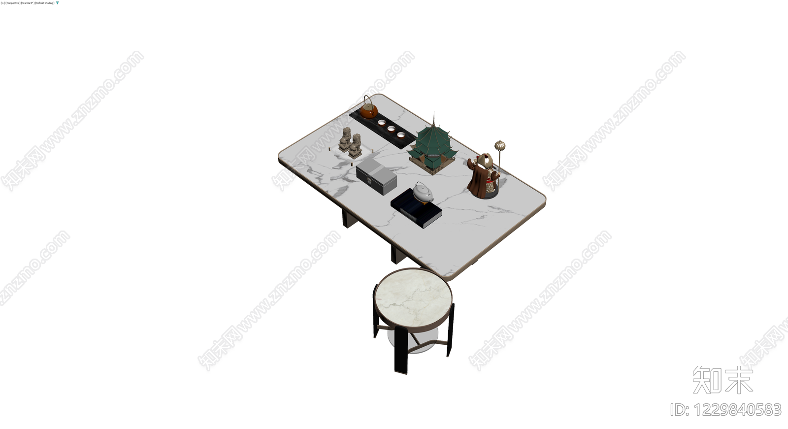 大理石茶桌与摆件组合3D模型下载【ID:1229840583】
