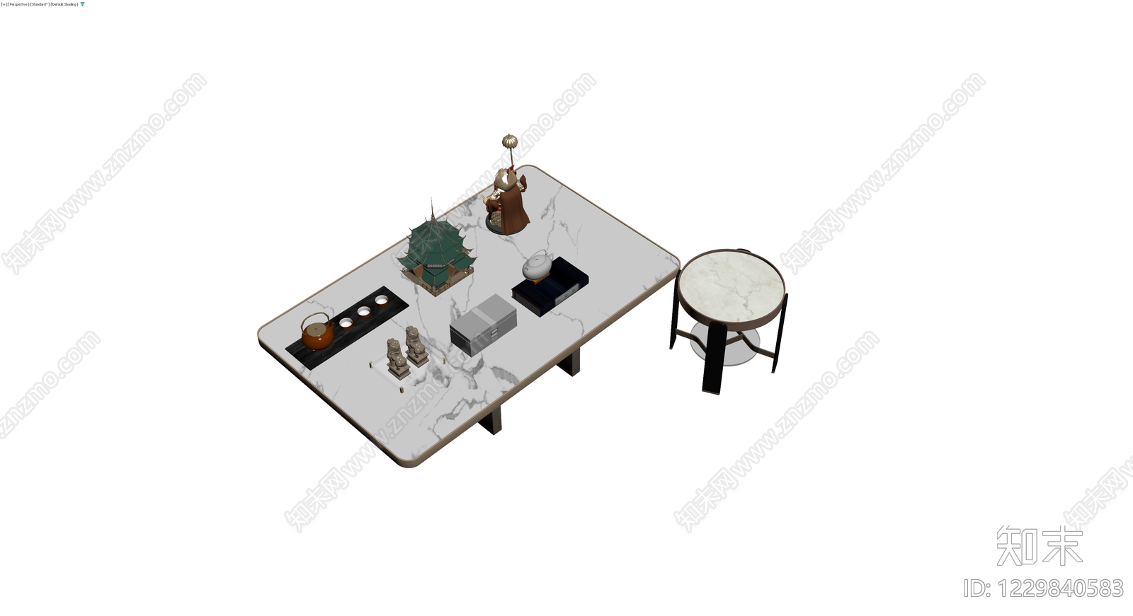 大理石茶桌与摆件组合3D模型下载【ID:1229840583】