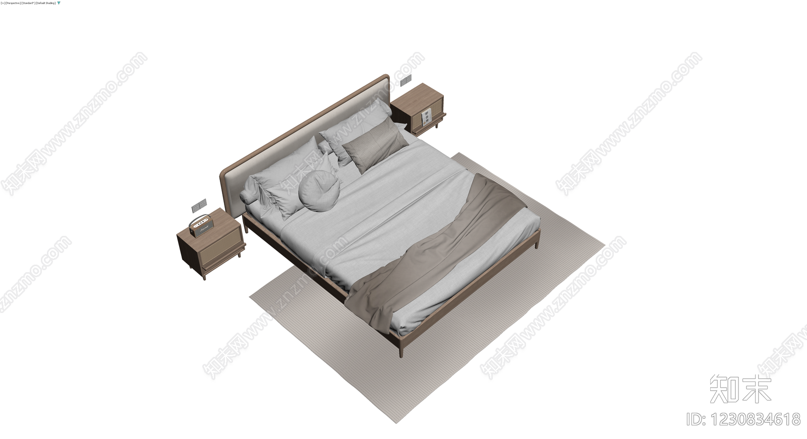 现代实木双人床及床头柜组合3D模型下载【ID:1230834618】