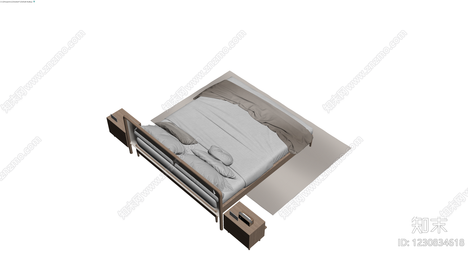 现代实木双人床及床头柜组合3D模型下载【ID:1230834618】