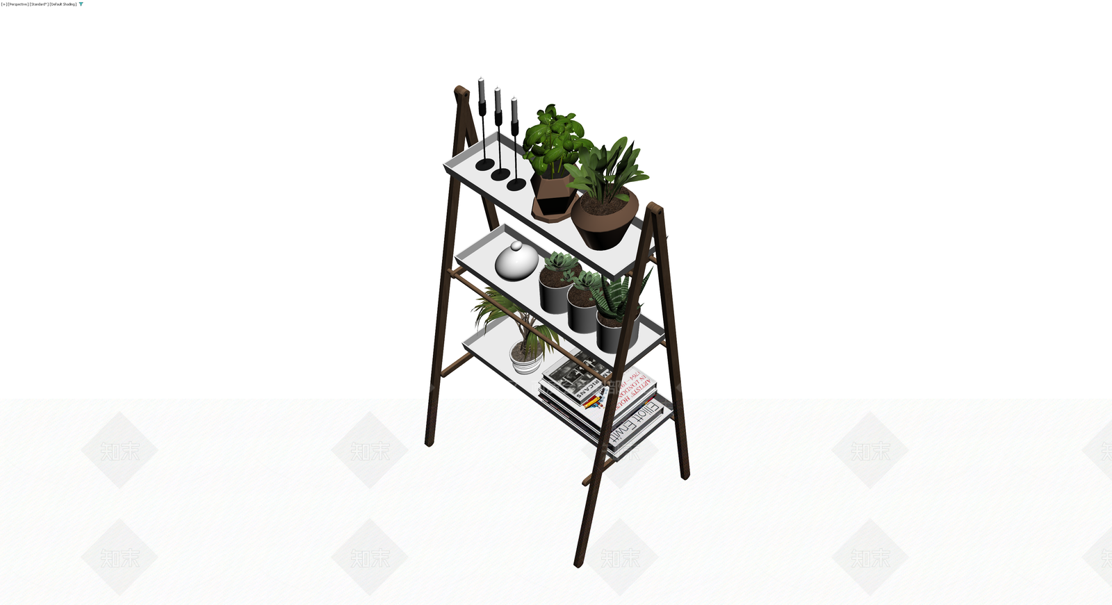木质梯形置物架及摆件组合3D模型下载【ID:1230557072】