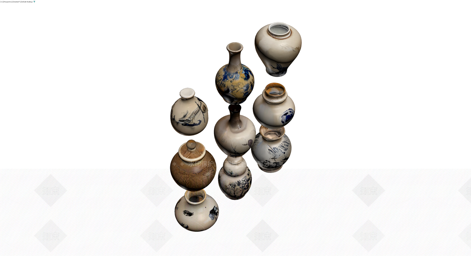 中式青花陶瓷花瓶组合3D模型下载【ID:1230137767】
