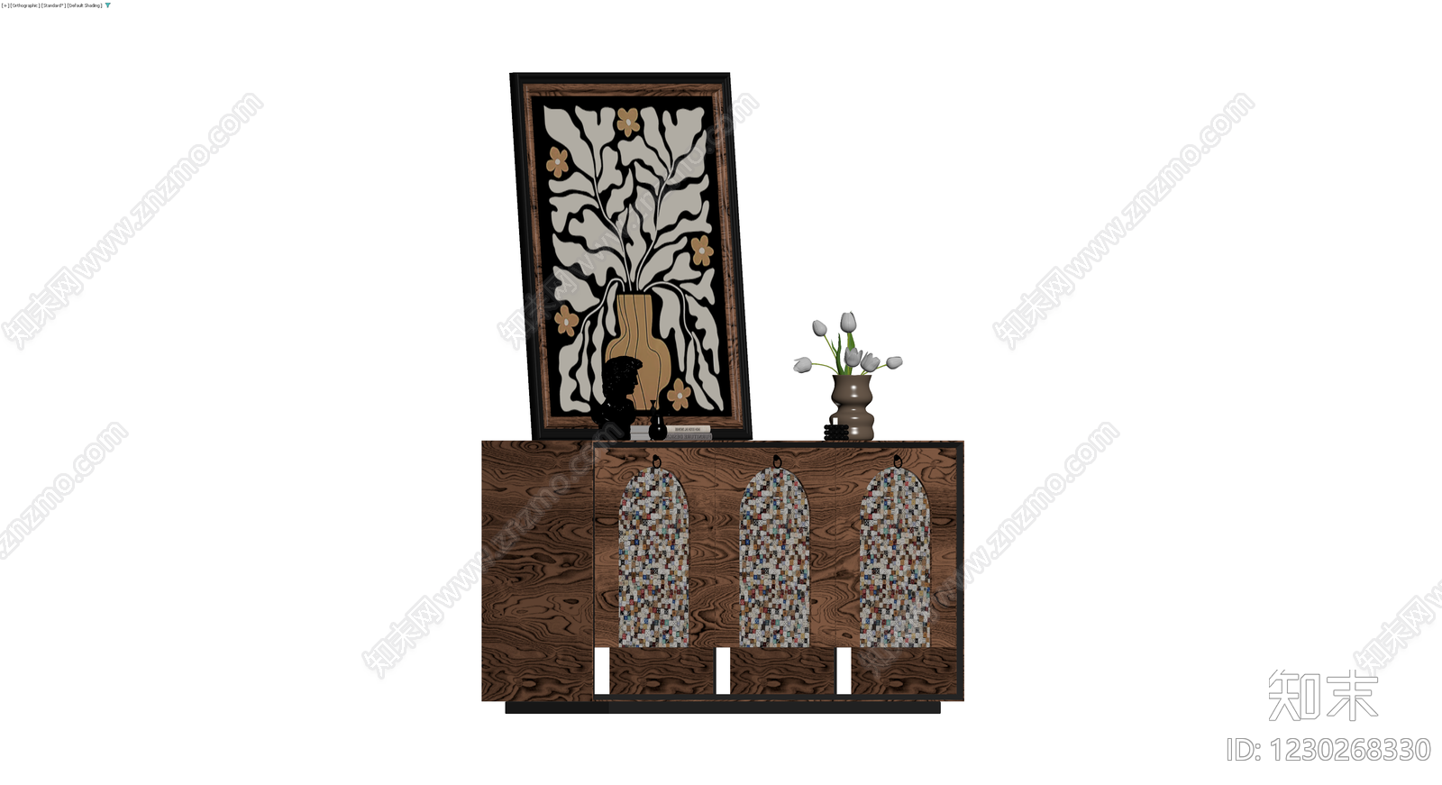 木质三门展示柜及摆件组合3D模型下载【ID:1230268330】