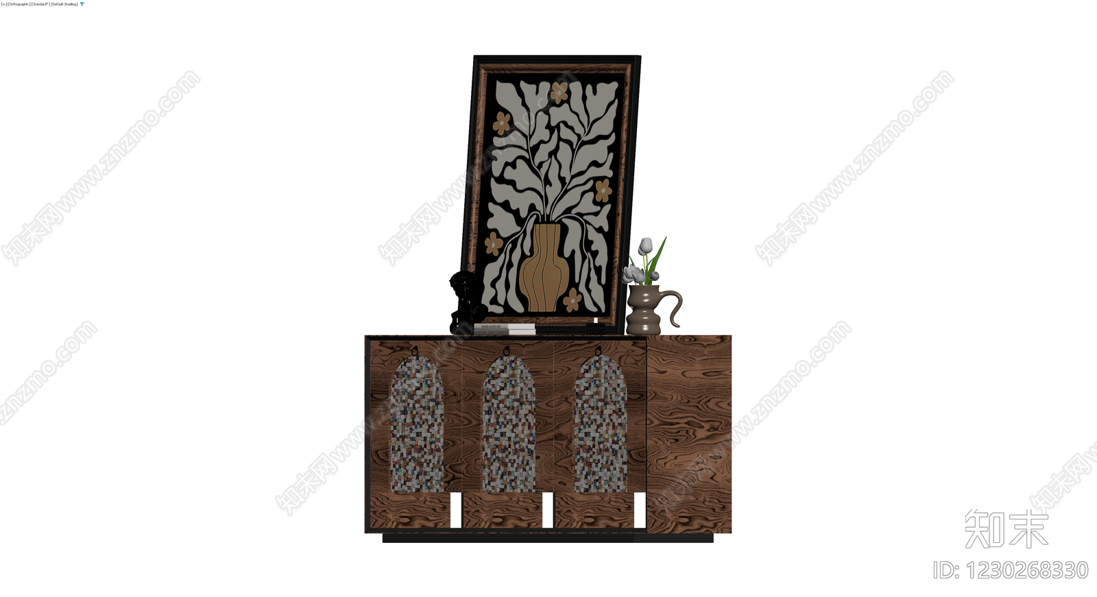 木质三门展示柜及摆件组合3D模型下载【ID:1230268330】