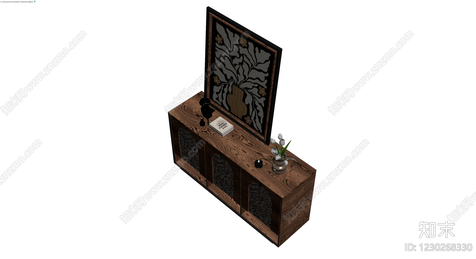 木质三门展示柜及摆件组合3D模型下载【ID:1230268330】