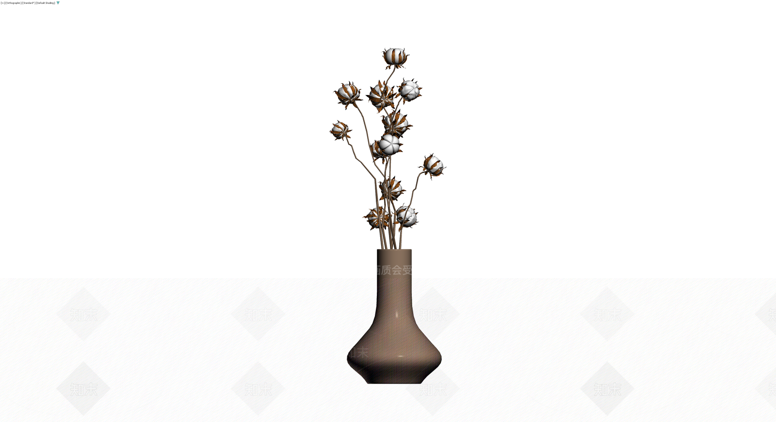 棕色花瓶插干棉花束3D模型下载【ID:1229676541】