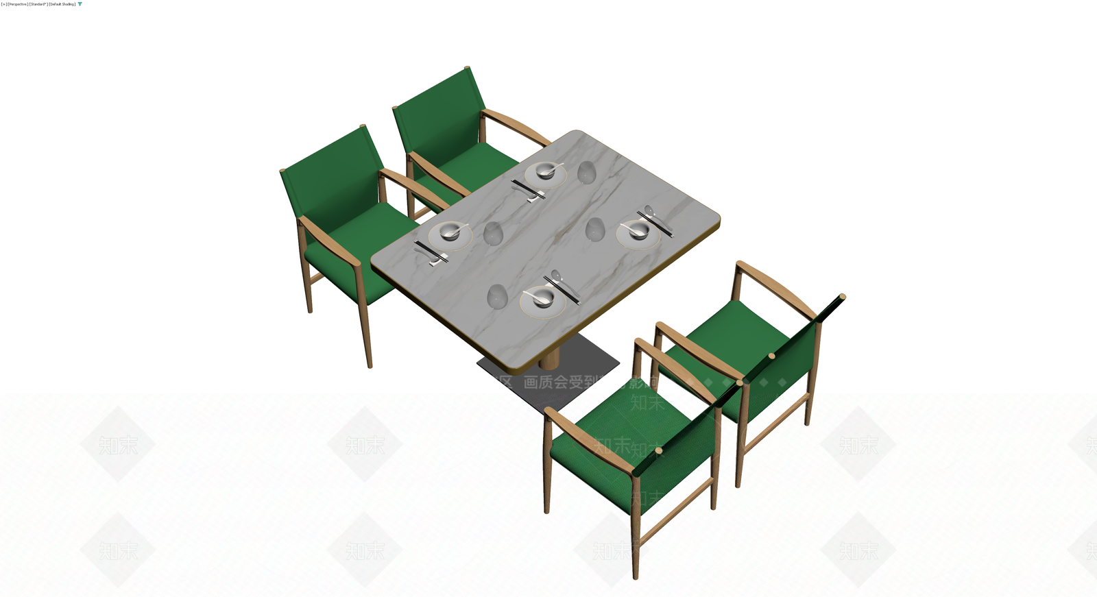 大理石餐桌配四把绿椅3D模型下载【ID:1230592847】