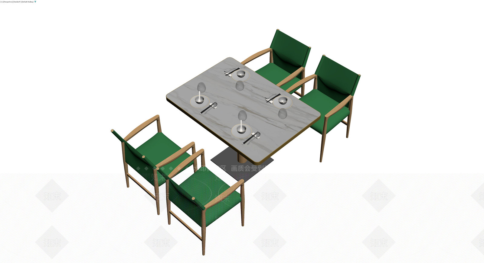 大理石餐桌配四把绿椅3D模型下载【ID:1230592847】