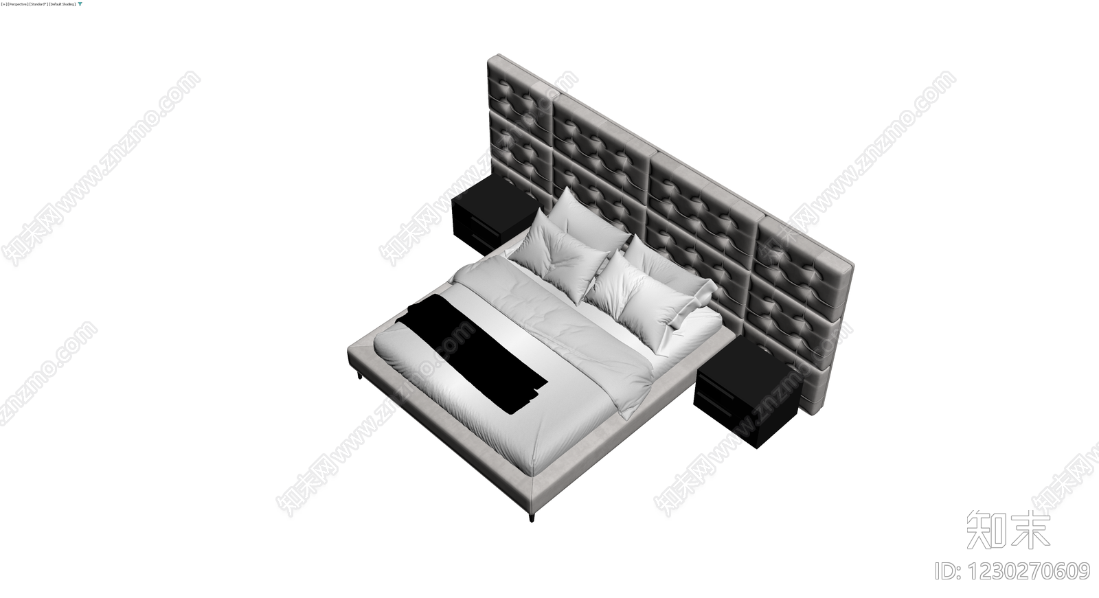 灰色软包床及床头柜组合3D模型下载【ID:1230270609】