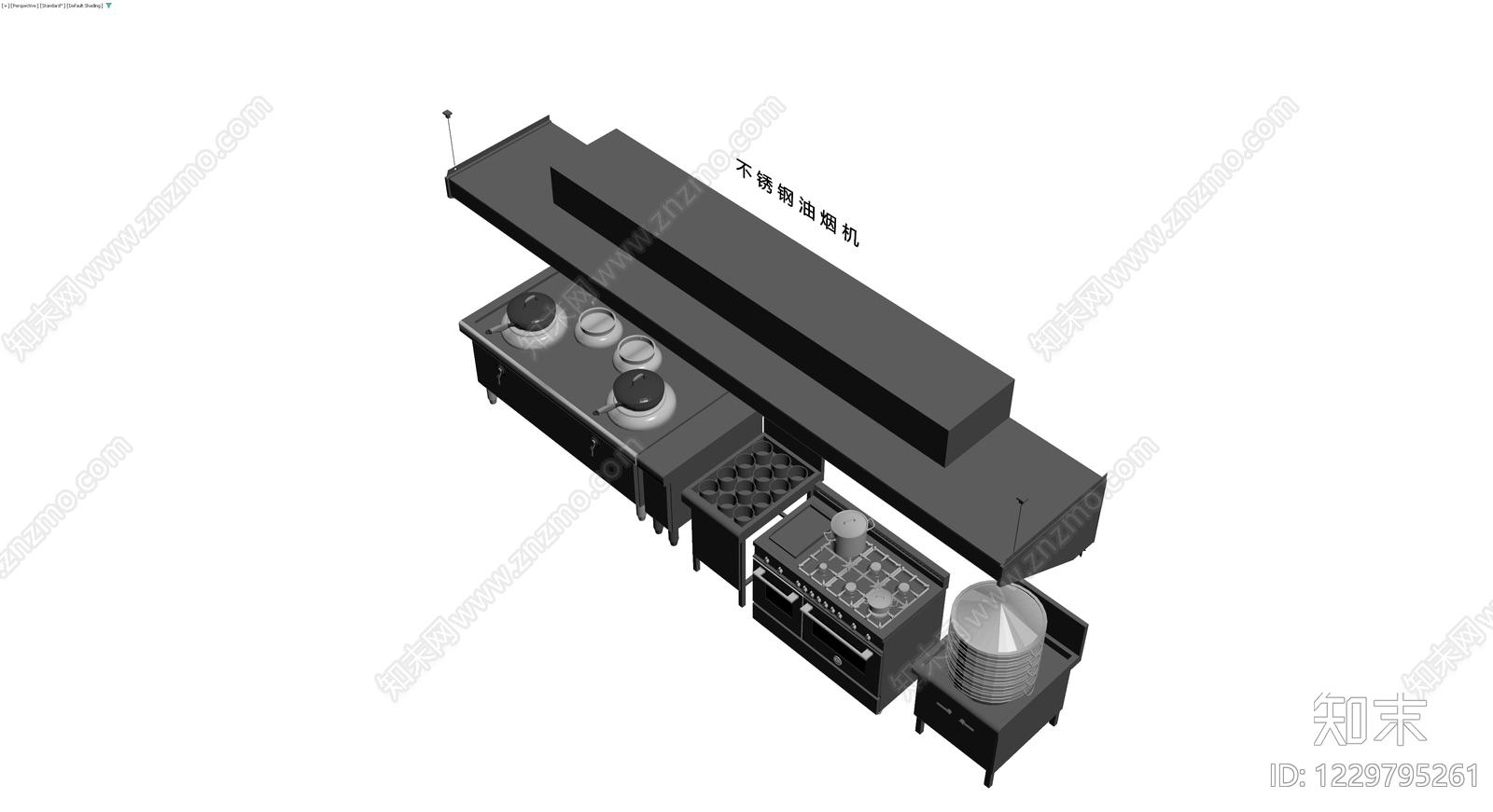 商用不锈钢厨房灶台组合3D模型下载【ID:1229795261】