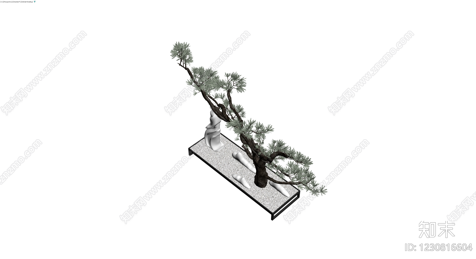 松树盆景与雕塑组合3D模型下载【ID:1230816604】