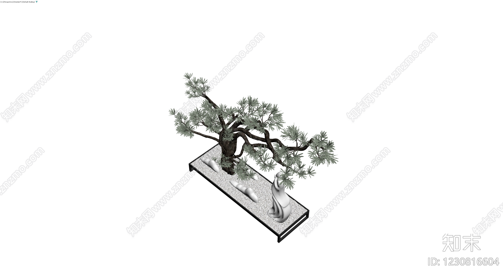 松树盆景与雕塑组合3D模型下载【ID:1230816604】