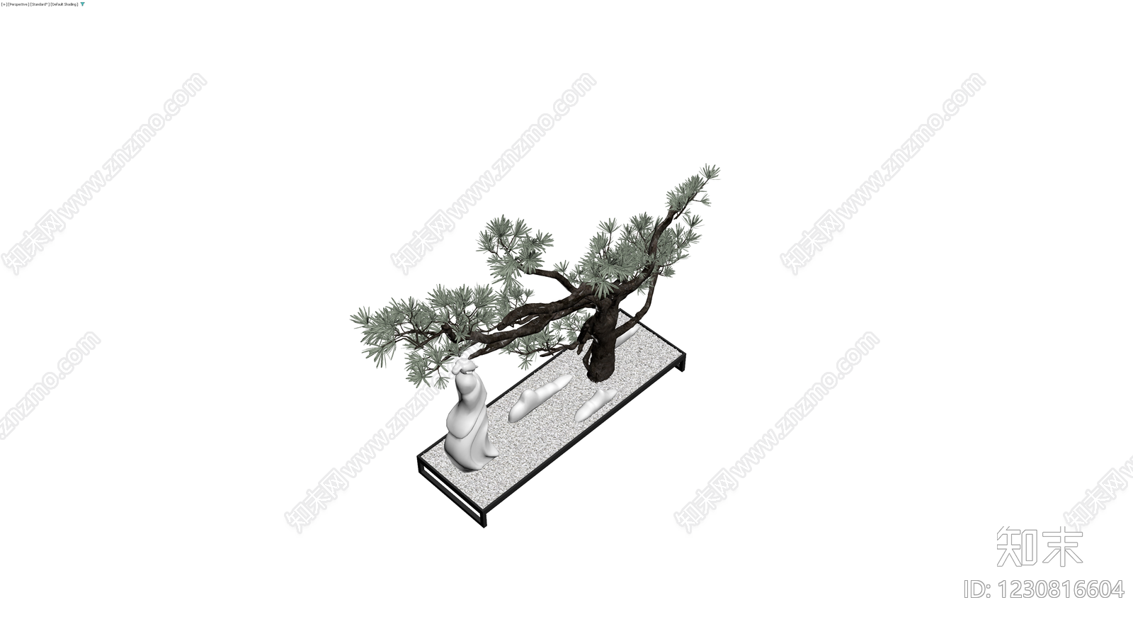松树盆景与雕塑组合3D模型下载【ID:1230816604】