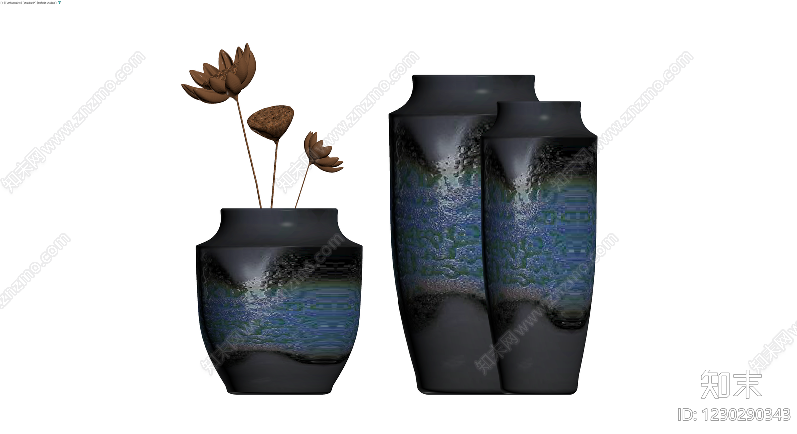 黑蓝釉陶瓷花瓶组合3D模型下载【ID:1230290343】
