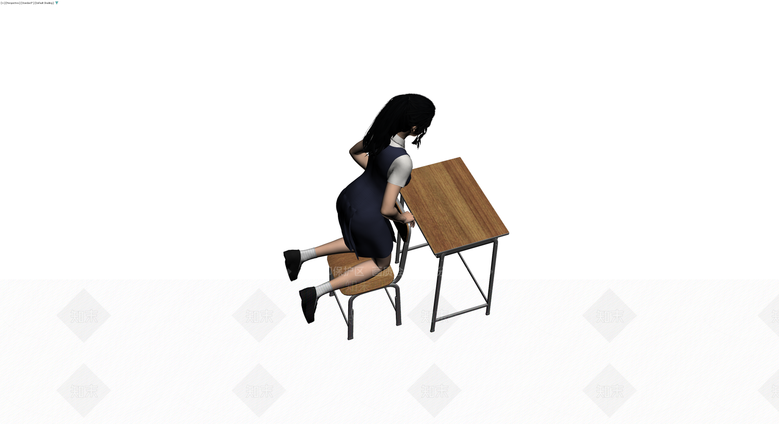 女学生人物与课桌椅组合3D模型下载【ID:1229638636】